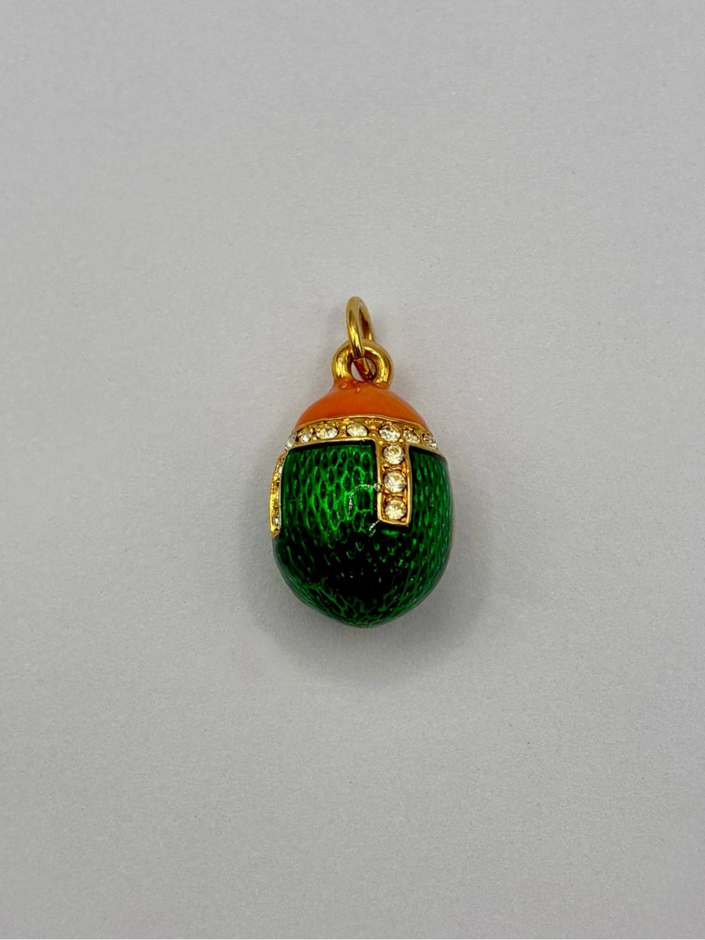 Joan Rivers Green Enamel Fabergé Egg Style Charm Pendant w Rhinestone Accents